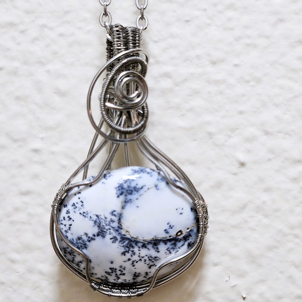 Dendrite Opal Black and White pendant Stainless Steel non tarnish wire & chain